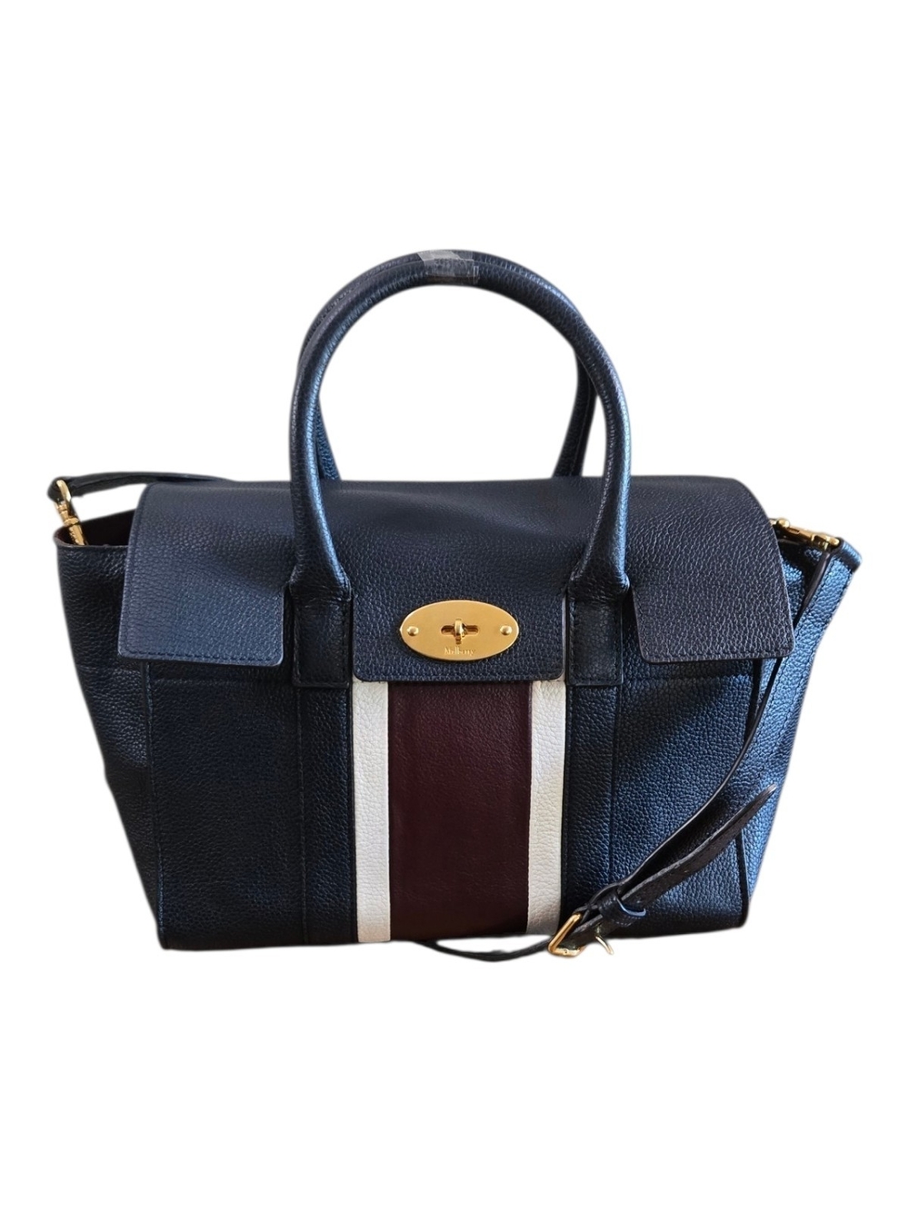 Mulberry Navy Leather Satchel with Burgundy and White Center Stripe